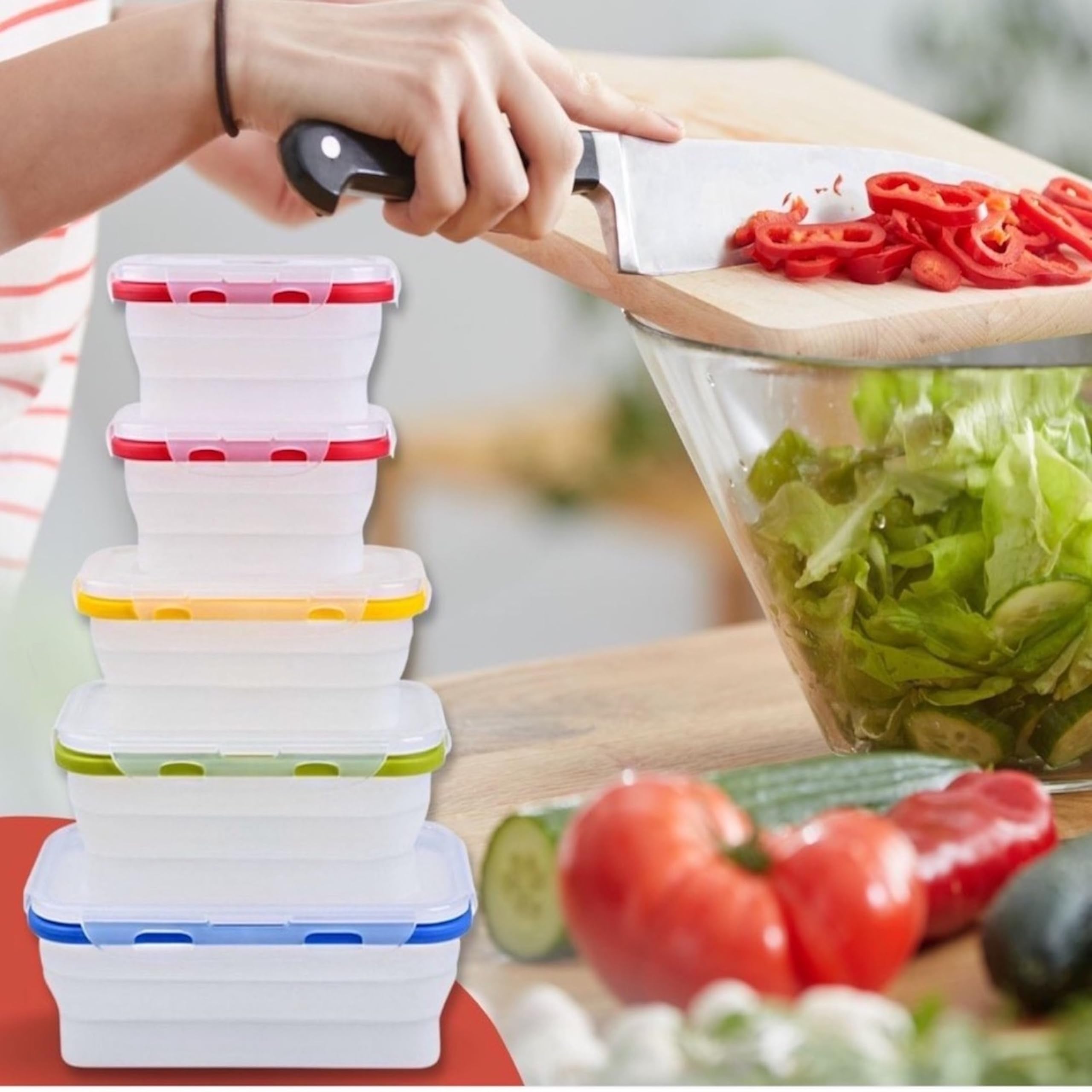 Ecoberi Collapsible Silicone Food Storage Containers - Airtight Snap-Top Lids, Bpa Free, Microwave And Dishwasher Safe, Set Of 5